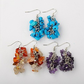 Fashionable Gemstone Chips Earrings, with Brass Earring Hooks, Platinum, 50mm, Pin: 0.7mm