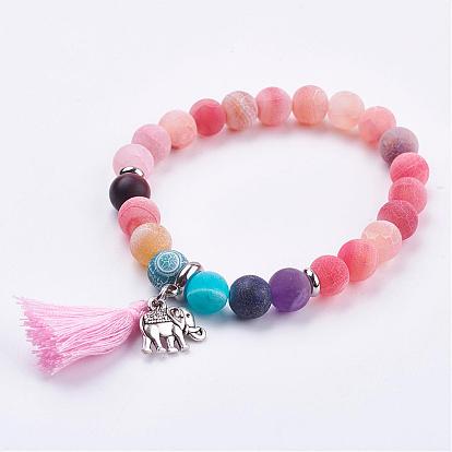 Frosted Mixed Gemstone Beaded Stretch Bracelets, with Alloy Findings & Cotton Thread Tassels
