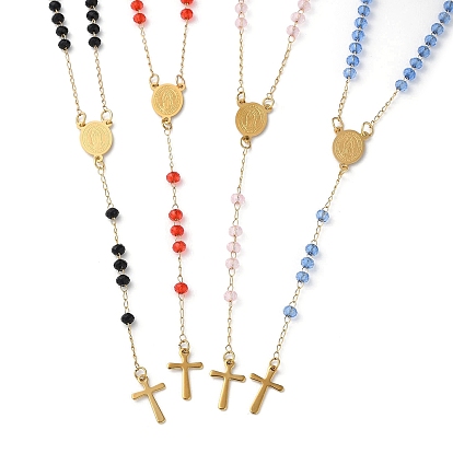 Glass Rosary Bead Necklaces, Vacuum Plating Golden 304 Stainless Steel Cross Pendant Necklace