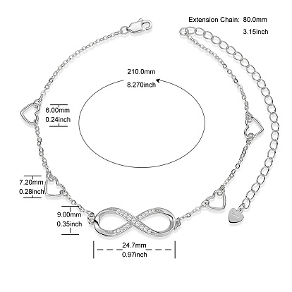 SHEGRACE 925 Sterling Silver Link Anklets, with Grade AAA Cubic Zirconia, Heart and Infinity