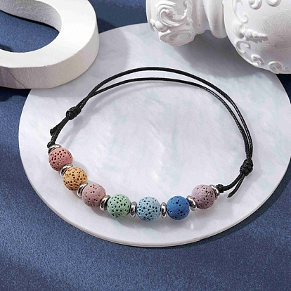 Окрашенный натуральный лавовый камень, круглые плетеные браслеты из бисера, регулируемый браслет из вощеного полиэстера
