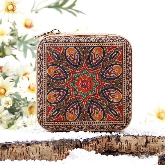 Caja con cremallera para embalaje de joyería de madera de corcho cuadrada impresa portátil étnica para almacenamiento de collares y pendientes