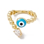 Anillo de puño abierto con forma de lágrima de circonita cúbica transparente y mal de ojo esmaltado, joyas de latón chapado en oro real 18k para mujer, sin plomo y el cadmio