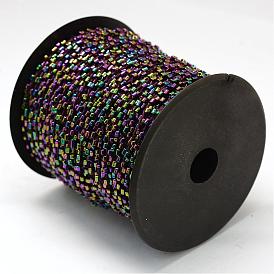 Plated Bugle Bead Cords, with Polyester Cords, with Random Color Spools and Nylon Cords, Round Hole, 1.5~3x1.5~2mm, about 100yards/roll
