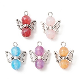 Resin Imitation Cat Eye Pendants, Angel Charms with Antique Silver Plated Alloy Wings
