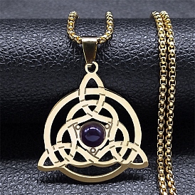 Natural Amethyst Triquetra/Trinity Knot Pendant Necklace with Stainless Steel Box Chains for Man
