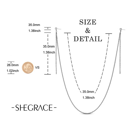 SHEGRACE Alloy Dangle Earrings, Long Chain Earlace Earring Necklace, with Rhinestone and Shell Pearl