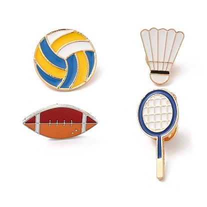 Pines esmaltados de raqueta/rugby/voleibol con temática deportiva, Insignia de aleación de oro claro/platino para ropa de mochila