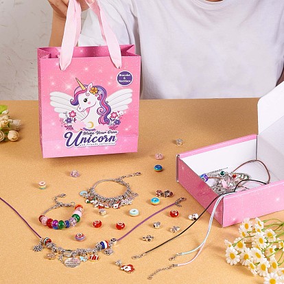 DIY Christmas European Bracelet Necklace Making Kit for Kid Gift, Including Alloy Chains Bracelet & Necklace Making, Unicorn & Mermaid Large Hole Beads & Pendant
