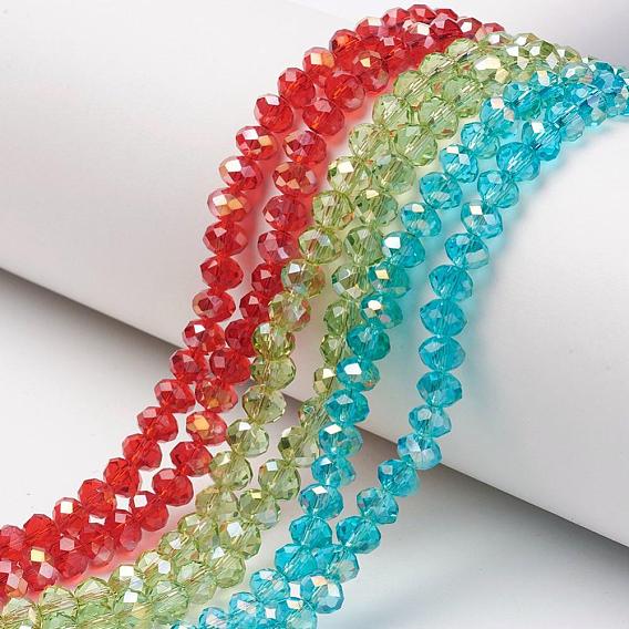 Electroplate Transparent Glass Beads Strands, Half Rainbow Plated, Faceted, Rondelle