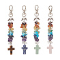 Porte-clés perlé croix de pierres précieuses chakra et puces, avec un alliage pivotant homard fermoirs griffe