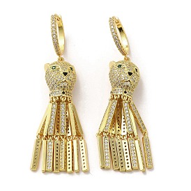 Leopard Head Real 18K Gold Plated Brass Dangle Hoop Earrings, Rectangle Tassel Earrings with Cubic Zirconia