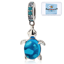Beebeecraft 1Pc Sterling Silver Pave Clear & Dark Cyan Cubic Zirconia European Dangle Charms, with Dodger Blue Glass, Tortoise Shape, with 1Pc Square Silver Polishing Cloth