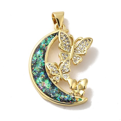 Rack Plating Brass Micro Pave Cubic Zirconia with Synthetic Opal Pendants, with Jump Ring, Lead Free & Cadmium Free, Long-Lasting Plated, Moon with Butterfly