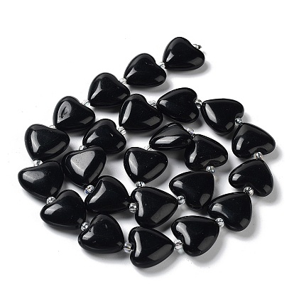 Obsidienne naturelle perles brins, avec des perles de rocaille, cœur
