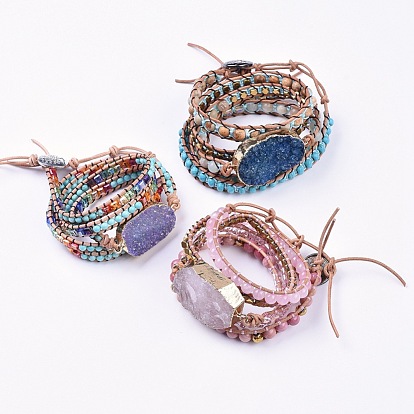 Bracelets de chaîne en cuir à cinq boucles, avec la pierre gemme, perles en verre et des accessoires en alliage