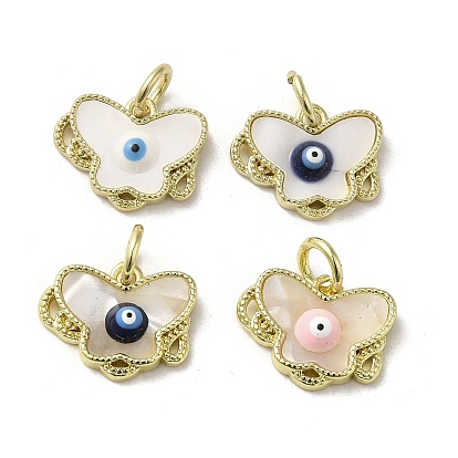Evil Eye Enamel Shell Brass Butterfly Charms with Jump Rings, Real 18K Gold Plated