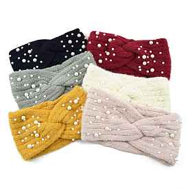 Acrylic Fiber Knitted Yarn Warmer Headbands, with Plastic Imitation Pearl, Soft Stretch Thick Cable Knit Head Wrap for Women