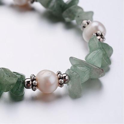 Bracelets de pierres gemmes, avec perles d'eau douce de perles, entretoises en alliage de fleurs de style tibétain et perles de sertissage en laiton