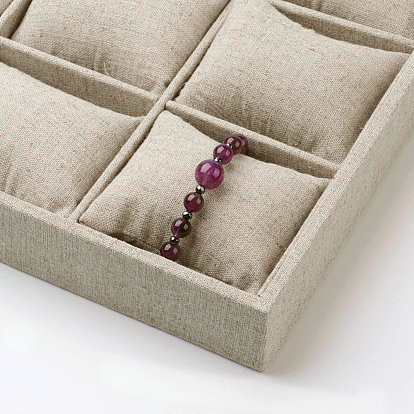 Wood Covered with Hemp Jewelry Bracelet Displays, 12 Grids Pillows Tray Jewelry Storage Holder, Cuboid, 352x243x41mm