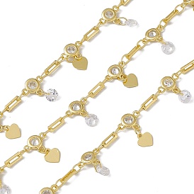Brass Rectangle & Cubic Zirconia Flat Round Link Chains, with Heart Charms, with Spool, Soldered, Long-Lasting Plated, Cadmium Free & Nickel Free & Lead Free