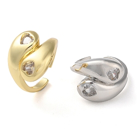 Rack Plating Brass with Clear Cubic Zirconia Open Cuff Rings, Teardrop with Heart