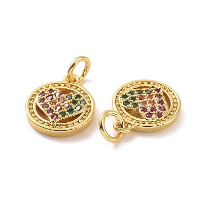 Brass Micro Pave Cubic Zirconia Charms, with Jump Ring, Real 18K Gold Plated, Flat Round with Heart