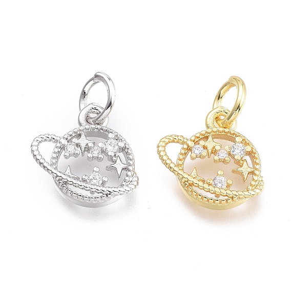 Brass Micro Pave Cubic Zirconia Pendants, with Jump Ring, Planet with Star, Clear