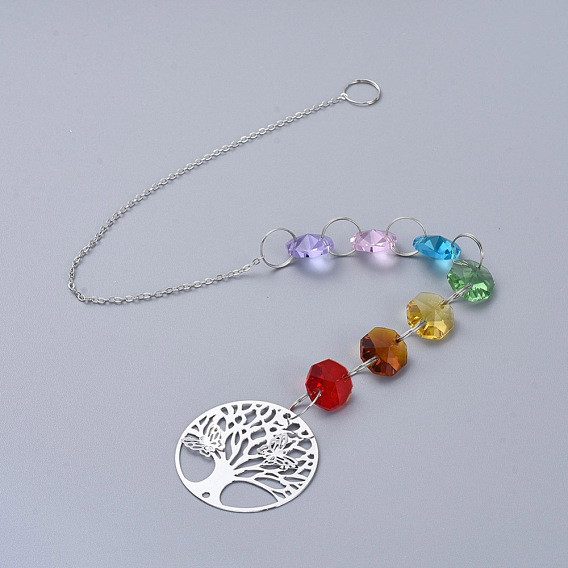 Lustre suncatchers prismes pendentif en verre octogon chakra suspendu, avec pendentif en fer et chaîne câblée, facette, plat et circulaire avec arbre de vie