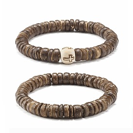 Ensemble de bracelets extensibles de perles de noix de coco rondes plates, pour homme femme