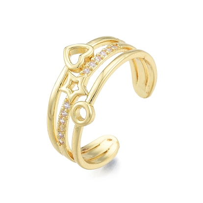 Clear Cubic Zirconia Star & Heart Open Cuff Ring, Brass Jewelry for Women