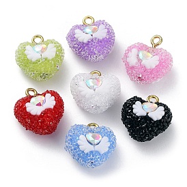 Druzy Resin Pendants with Rhinestone, Heart Charms with Rack Plating Golden Tone Brass Loops