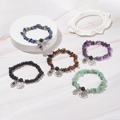 Bracelet extensible en perles de pierres précieuses naturelles, bracelet à breloques hibou et arbre de vie en alliage pour femme