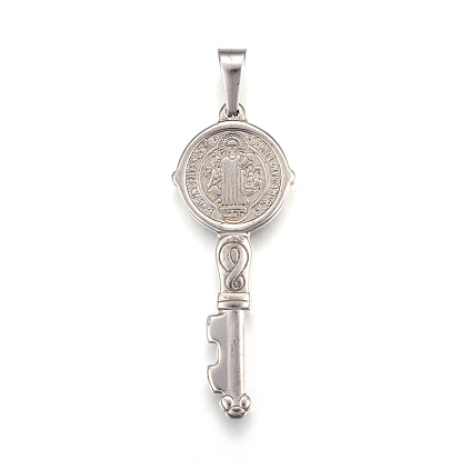 304 Stainless Steel Big Pendants, Key with Saint Benedict Medal