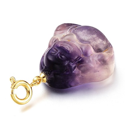 Carved Natural Fluorite Pendants, with Brass Spring Ring Clasps, Buddha