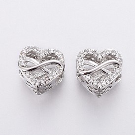Brass Micro Pave Cubic Zirconia European Beads, Large Hole Beads, Heart and Infinity, Polyamory Charm, Clear