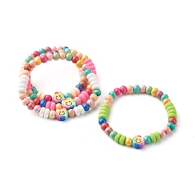 Natural Wood Round Beads Stretch Bracelets for Kid, with Handmade Polymer Clay Beads, Flower with Smile