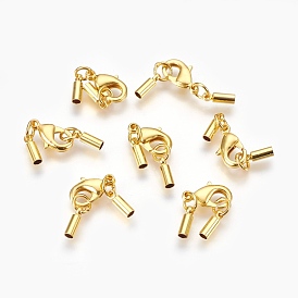 Rack Plating Eco-Friendly Brass Lobster Claw Clasps, with Cord Ends, Soldered