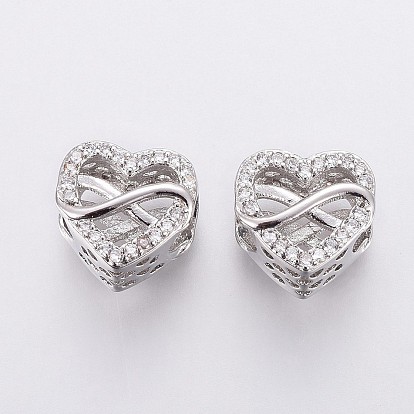 Brass Micro Pave Cubic Zirconia European Beads, Large Hole Beads, Heart and Infinity, Polyamory Charm, Clear