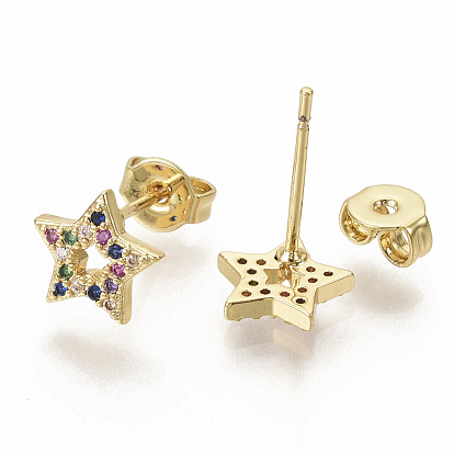 Brass Micro Pave Colorful Cubic Zirconia Stud Earrings, with Earring Backs, Star, Real 16K Gold Plated