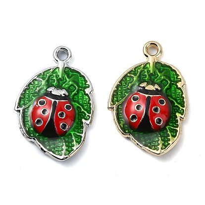 Rack Plating Alloy Enamel Pendants, Nickel Free, Leaf with Ladybug Charm