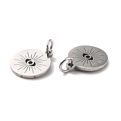 201 Stainless Steel Charms, with Jump ring, Flat Round with Evil Eye