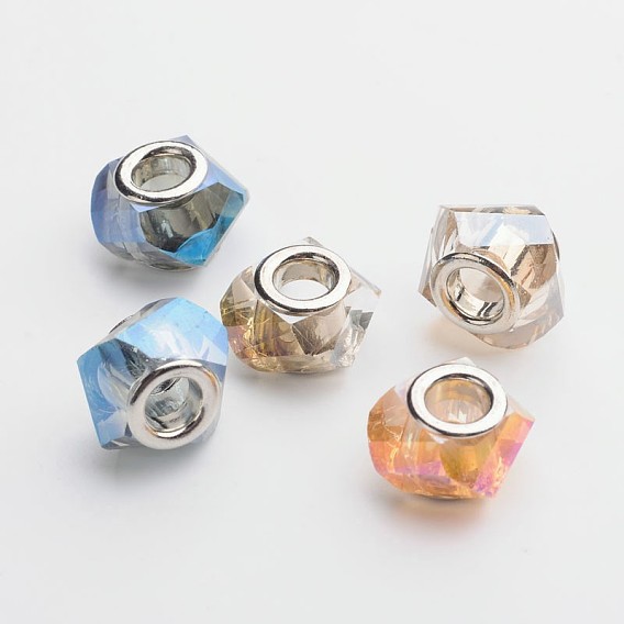 Faceted Electroplated Glass European Large Hole Beads, with Silver Color Plated Brass Cores, Rondelle, 15x9mm, Hole: 4.5mm