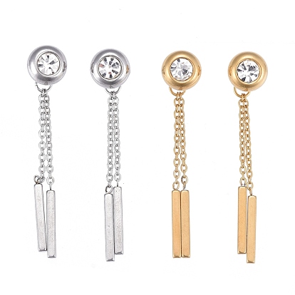 304 Stainless Steel Chain Tassel Earrings, with Ear Nuts and Cubic Zirconia, Bar & Flar Round