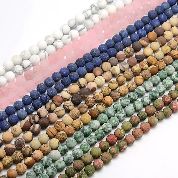 Brins de perles pierre mixtes naturels et synthétiques, givré, ronde