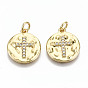 Hammered Brass Micro Pave Clear Cubic Zirconia Pendants, with Jump Rings, Nickel Free, Flat Round with Cross