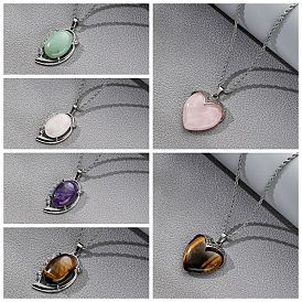 Retro Heart-shaped Pendant Necklace with Tiger Eye Stone and Natural Purple Crystal