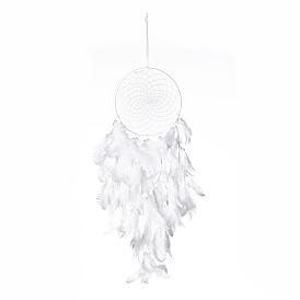 Handmade Round Leather Woven Net/Web with Feather Wall Hanging Decoration, with Iron Rings, Plastic Beads, for Home Offices Amulet Ornament