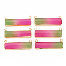 Natural Quartz Crystal Connector Charms, with Light Gold Plated Brass Loops, Dyed, Rectangle