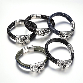 Men's Braided Leather Cord Bracelets, with 304 Stainless Steel Findings and Magnetic Clasps, Skull